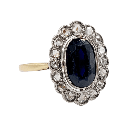 Bague 55.5 Bague marguerite antique en or 18k, saphir et diamants taille rose 58 Facettes A07671