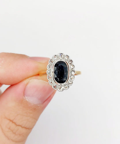 Bague 55.5 Bague marguerite antique en or 18k, saphir et diamants taille rose 58 Facettes A07671