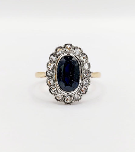 Bague 55.5 Bague marguerite antique en or 18k, saphir et diamants taille rose 58 Facettes A07671