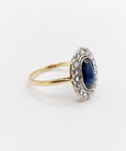 Bague 55.5 Bague marguerite antique en or 18k, saphir et diamants taille rose 58 Facettes A07671