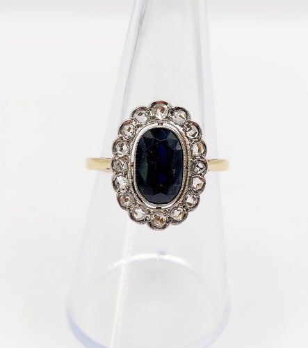 Bague 55.5 Bague marguerite antique en or 18k, saphir et diamants taille rose 58 Facettes A07671