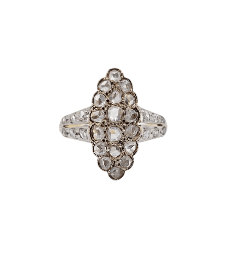 Anillo marquesa antiguo de oro de 18k, platino y diamantes talla rosa 