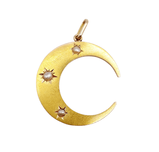 18k gold crescent moon pendant with pearls 