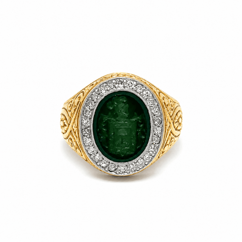 Bague 51 Bague chevalière en or jaune avec camée vert et diamants 58 Facettes 50486