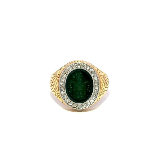 Bague 51 Bague chevalière en or jaune avec camée vert et diamants 58 Facettes 50486