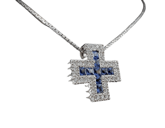Pendentif croix en or blanc 18 carats, saphirs et diamants 58 Facettes Pendentif 4