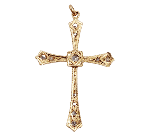 Pendentif croix antique en or rose 18k et diamants taille rose 58 Facettes A07607