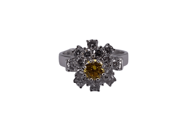 52.5 Bague fleur cocktail en or blanc avec diamants Fancy Yellow 58 Facettes BA 42