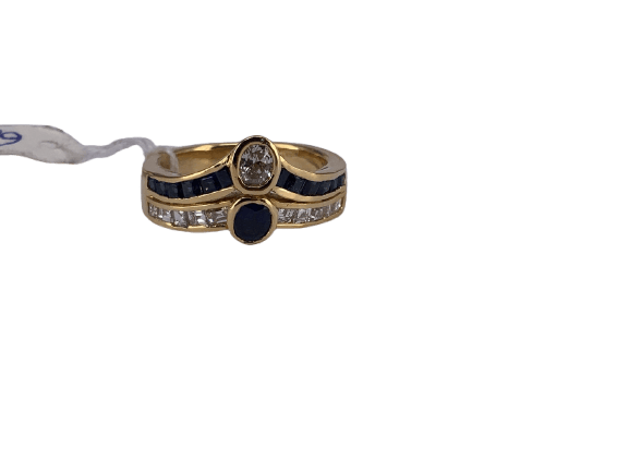Doppelter Kronenring aus Gelbgold mit Diamant und Saphir 