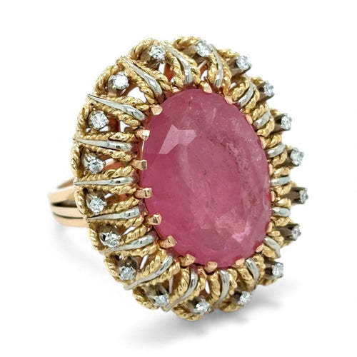 Bague 52 Bague cocktail vintage en or rose et blanc 18k, rubellite 12 ct et diamants 58 Facettes
