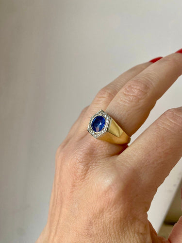 Art Deco - Ring in platinum and yellow gold, Ceylon sapphire and diamonds 