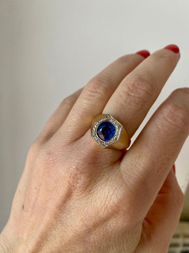 Art Deco - Ring in platinum and yellow gold, Ceylon sapphire and diamonds 