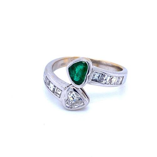 Bague 59 Vous et Moi - Bague en or blanc 18k émeraude et diamants 58 Facettes