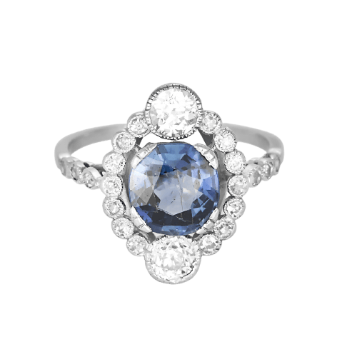 Inel Belle Époque din aur gri, safir neîncălzit și diamante 