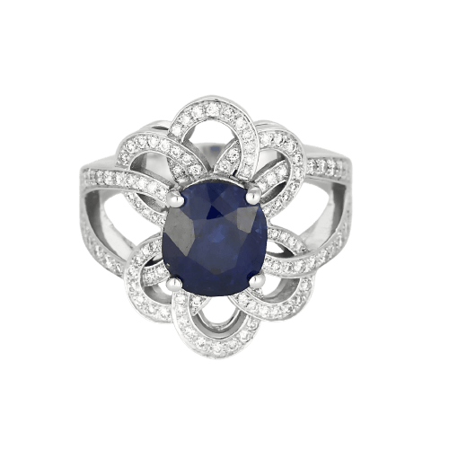 Blomsterring i hvidguld, diamanter og Ceylon-safir 