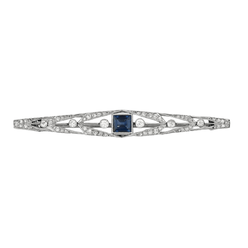 Art Deco - Barová brož z Platina, safíru a diamantů 