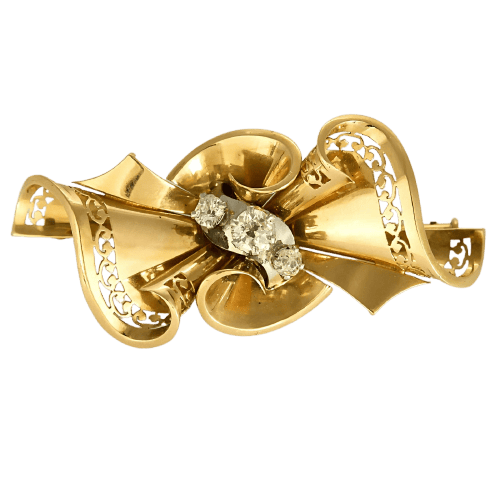Sløjfebroche i gult guld, hvidguld og diamanter 