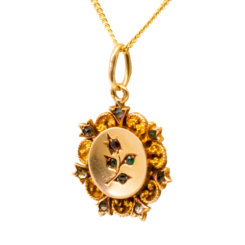 Pendentif Pendentif floral ancien en or 14k, émeraudes, grenats et strass 58 Facettes ED23C5792B6645E4A272D3C153DCF538