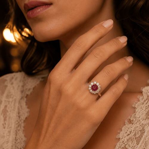 Bague 57 Anello vittoriano, oro giallo 18 kt, rubino e diamanti 58 Facettes AN694 P39 (0489)