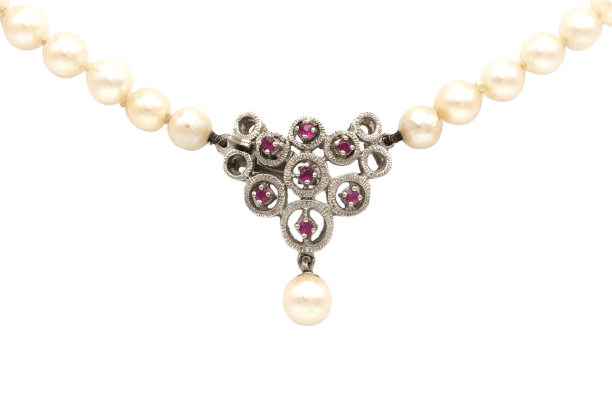 Collier années 70 en or blanc, perles et rubis 58 Facettes B278