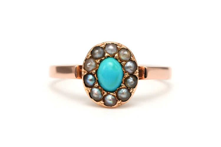 52 Napoléon III - Bague en or jaune, perles et turquoise 58 Facettes 23013