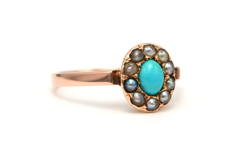 52 Napoléon III - Bague en or jaune, perles et turquoise 58 Facettes 23013