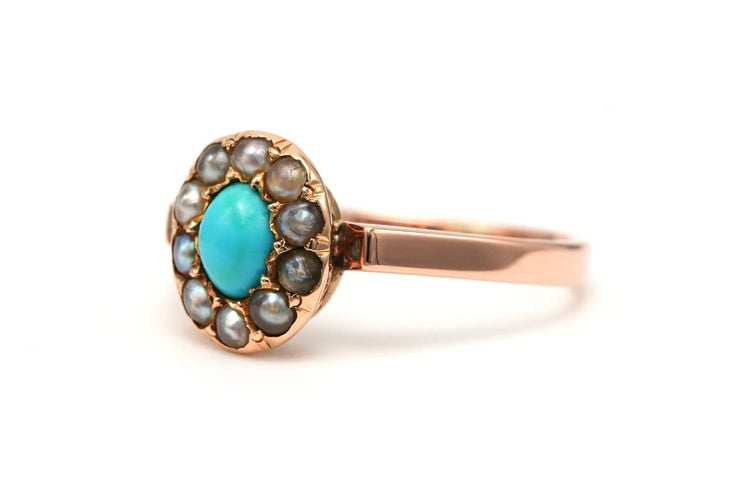 52 Napoléon III - Bague en or jaune, perles et turquoise 58 Facettes 23013