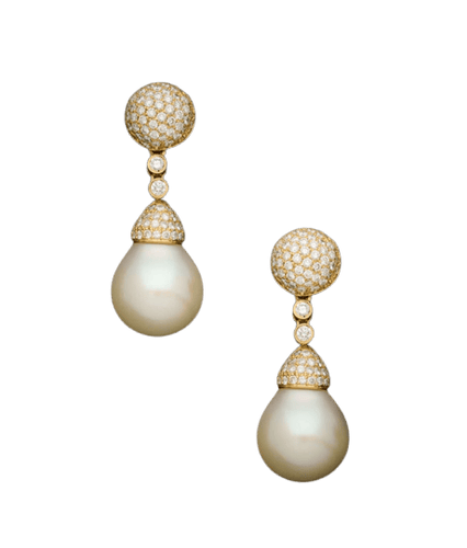 Boucles d'oreilles pendantes en or jaune, perles des Mers du Sud et diamants 58 Facettes 227342
