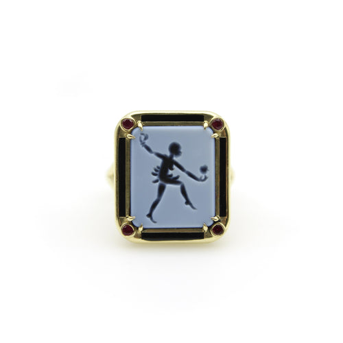 Josephine Baker Ring 54 - Intaglio agate ring in 18 ct gold, enamel and rubies 58 Facettes 11189