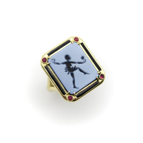 Josephine Baker Ring 54 - Intaglio agate ring in 18 ct gold, enamel and rubies 58 Facettes 11189