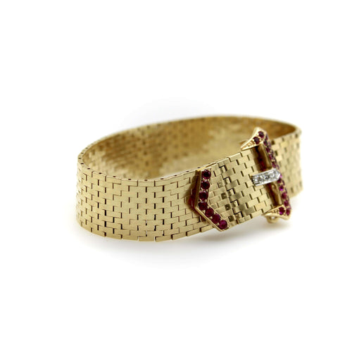 Bracelet Retro buckle bracelet in 14K gold, rubies and diamonds 58 Facettes 11191