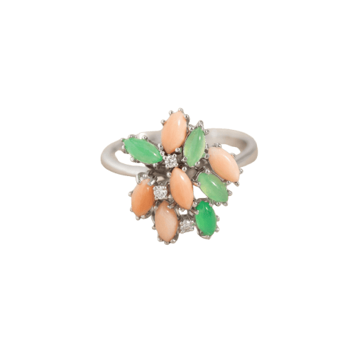 Flower ring in 585 white gold, coral, chrysoprase and diamonds 