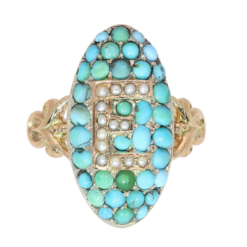 26106-0420.p03_A Grand Victorian Letter E Ring in Turquoise Pearl and Gold circa 1870-en.jpg