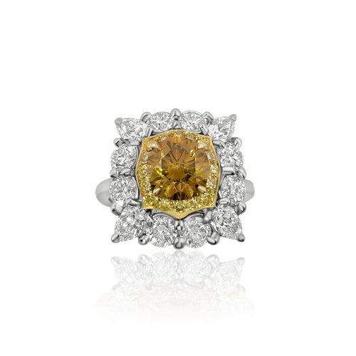 53 Bague diamant Fancy Deep jaune-orangé en platine, or 18 carats et diamants 58 Facettes f30