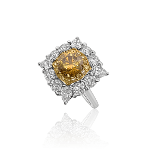 53 Bague diamant Fancy Deep jaune-orangé en platine, or 18 carats et diamants 58 Facettes f30