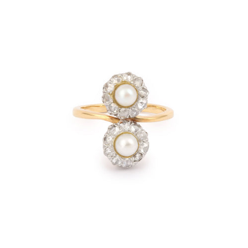 Bague 54 Bague Toi & Moi ancienne en or jaune 18 carats, platine, perles et diamants 58 Facettes B388