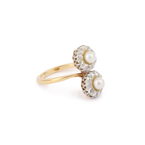 Bague 54 Bague Toi & Moi ancienne en or jaune 18 carats, platine, perles et diamants 58 Facettes B388
