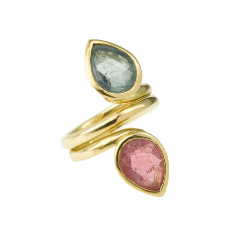 Bague 55 Bague Toi et Moi - Tourmalines vertes et roses en or jaune 58 Facettes B222