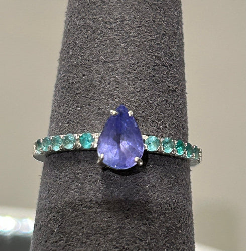 Bague 51 Bague en or blanc 18k, tanzanite et tourmalines Paraíba 58 Facettes Anello 001