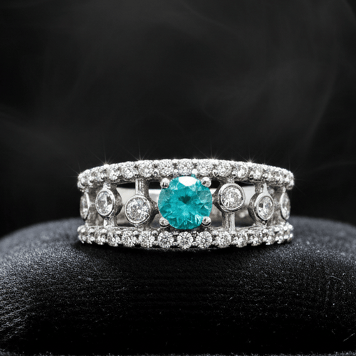 55 Bague en or blanc 18k avec tourmaline Paraíba et diamants 58 Facettes ANELLO ROUND PARAIBA