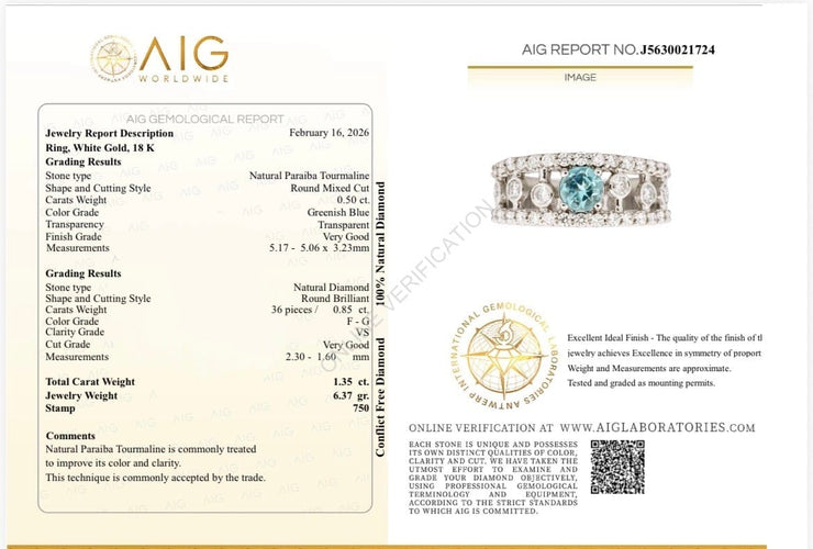 55 Bague en or blanc 18k avec tourmaline Paraíba et diamants 58 Facettes ANELLO ROUND PARAIBA