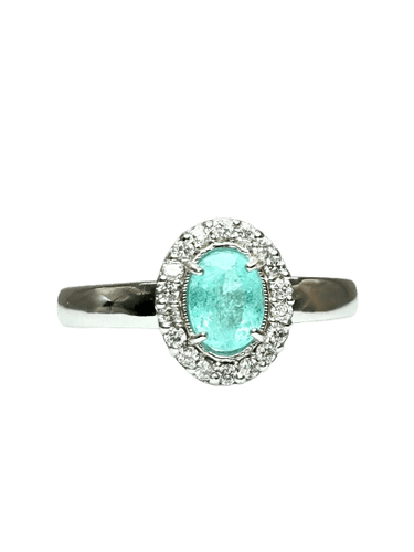 55 Bague en or blanc 18k avec tourmaline Paraíba et diamants 58 Facettes ANELLO PARAIBA OVALE
