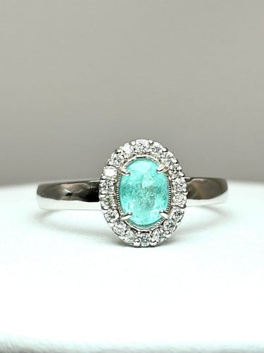 55 Bague en or blanc 18k avec tourmaline Paraíba et diamants 58 Facettes ANELLO PARAIBA OVALE