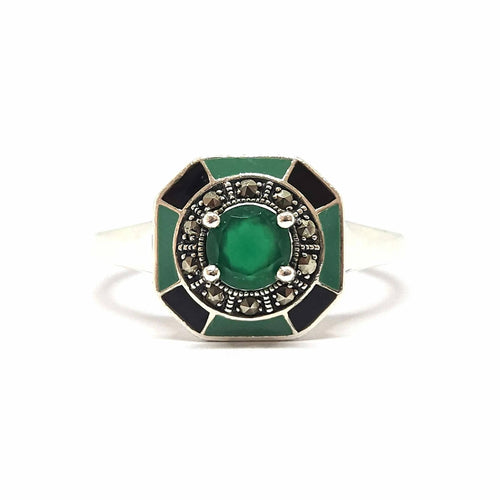 Bague 58 Bague vintage en argent 925, agate verte et émail 58 Facettes BVP-BAG-0036