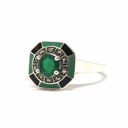 Bague 58 Bague vintage en argent 925, agate verte et émail 58 Facettes BVP-BAG-0036