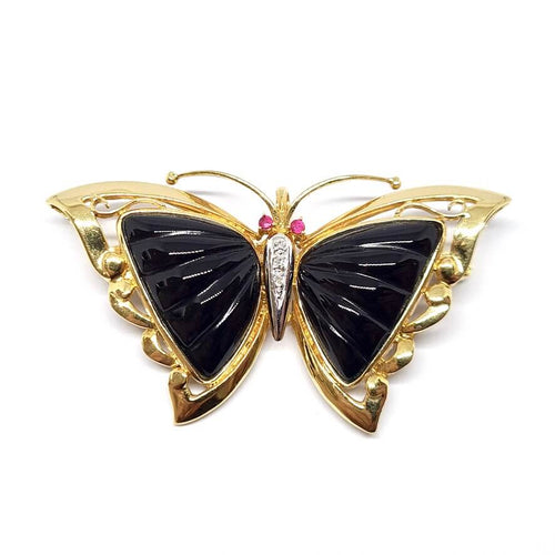 Pendentif Broche pendentif papillon en or jaune 18 carats, rubis, diamants et onyx 58 Facettes BVP-PEN-0050