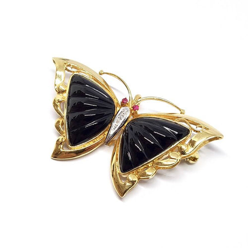 Pendentif Broche pendentif papillon en or jaune 18 carats, rubis, diamants et onyx 58 Facettes BVP-PEN-0050