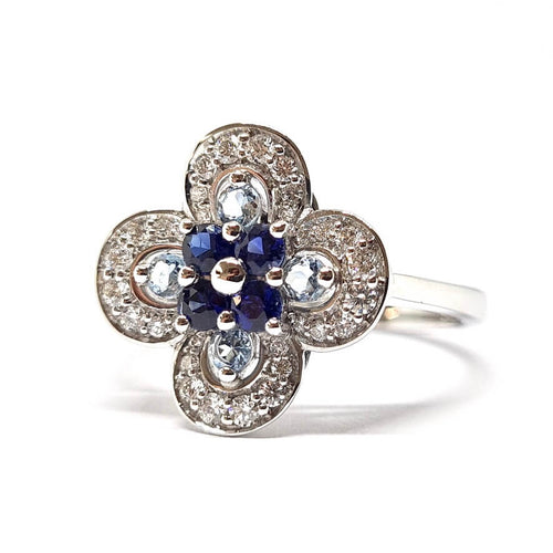 Bague 54 Bague fleur en or blanc 18 carats, saphirs, aigues-marines et diamants 58 Facettes BVP-BAG-0056
