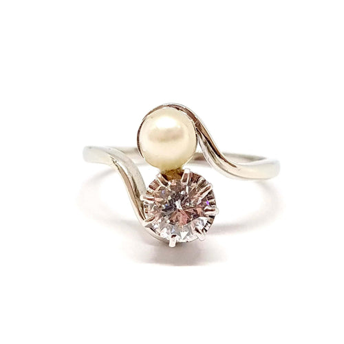 Bague 57 Bague Toi & Moi en or blanc 18 carats et platine, diamant et perle 58 Facettes BVP-BAG-0109