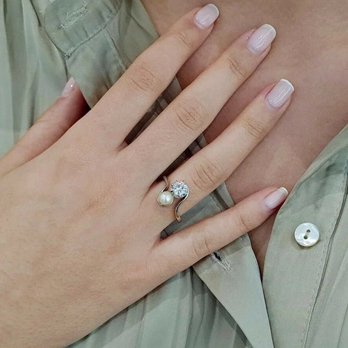 Bague 57 Bague Toi & Moi en or blanc 18 carats et platine, diamant et perle 58 Facettes BVP-BAG-0109